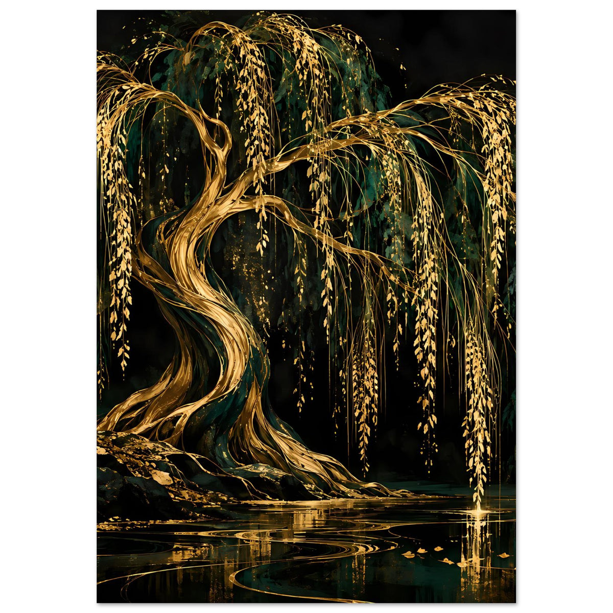 Wandposter mit goldener Trauerweide, vertikale Darstellung und Spiegelung im Wasser