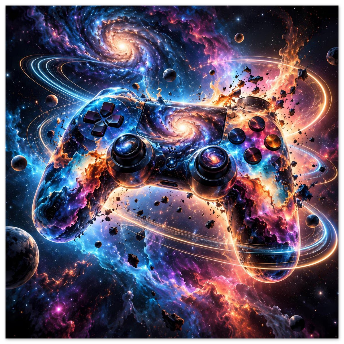 Gaming-Controller-Poster mit galaktischem Motiv, Joysticks und Tasten in Blau und Orange