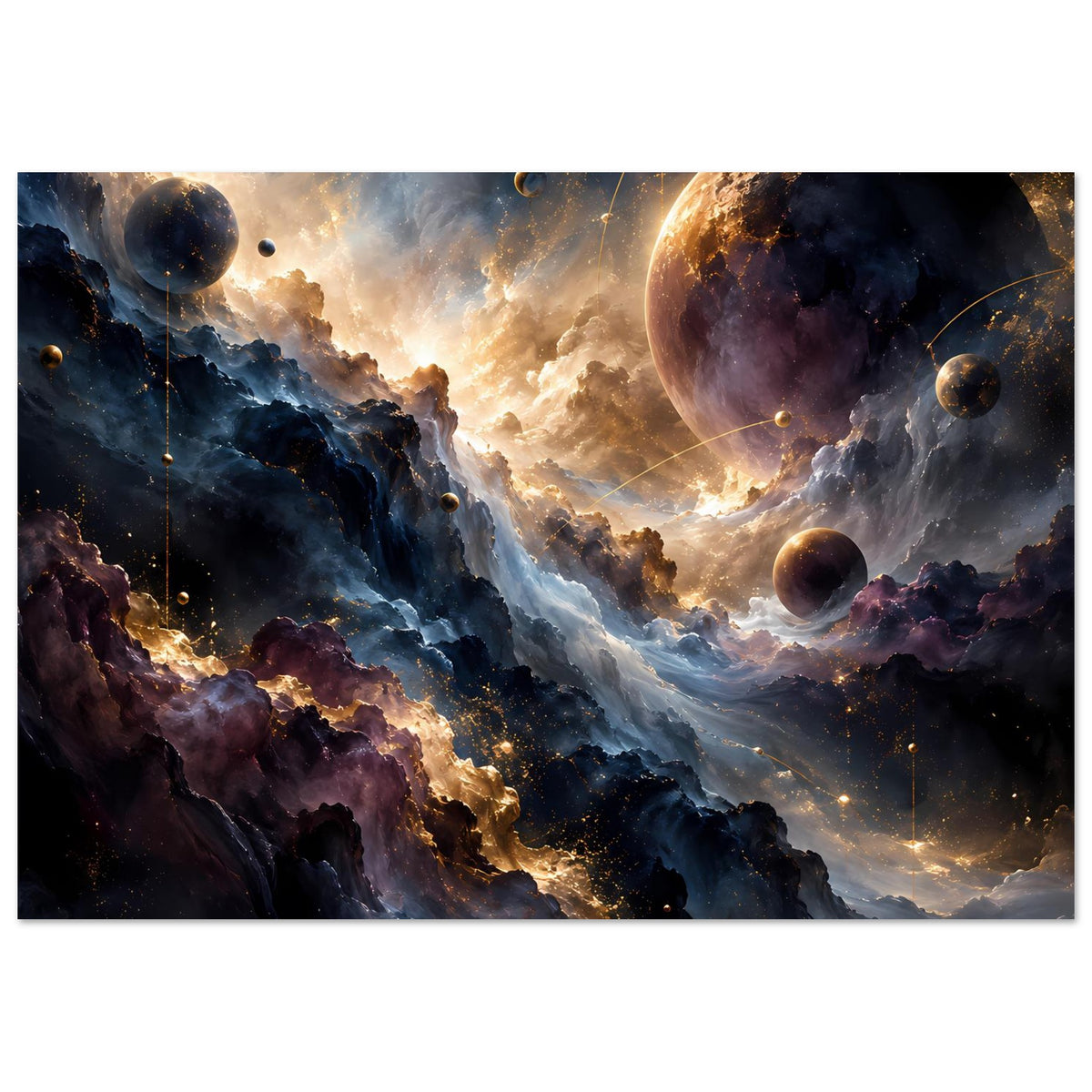 Weltraum-Kunstposter mit Planeten und Nebelwolken in Blau und Violett