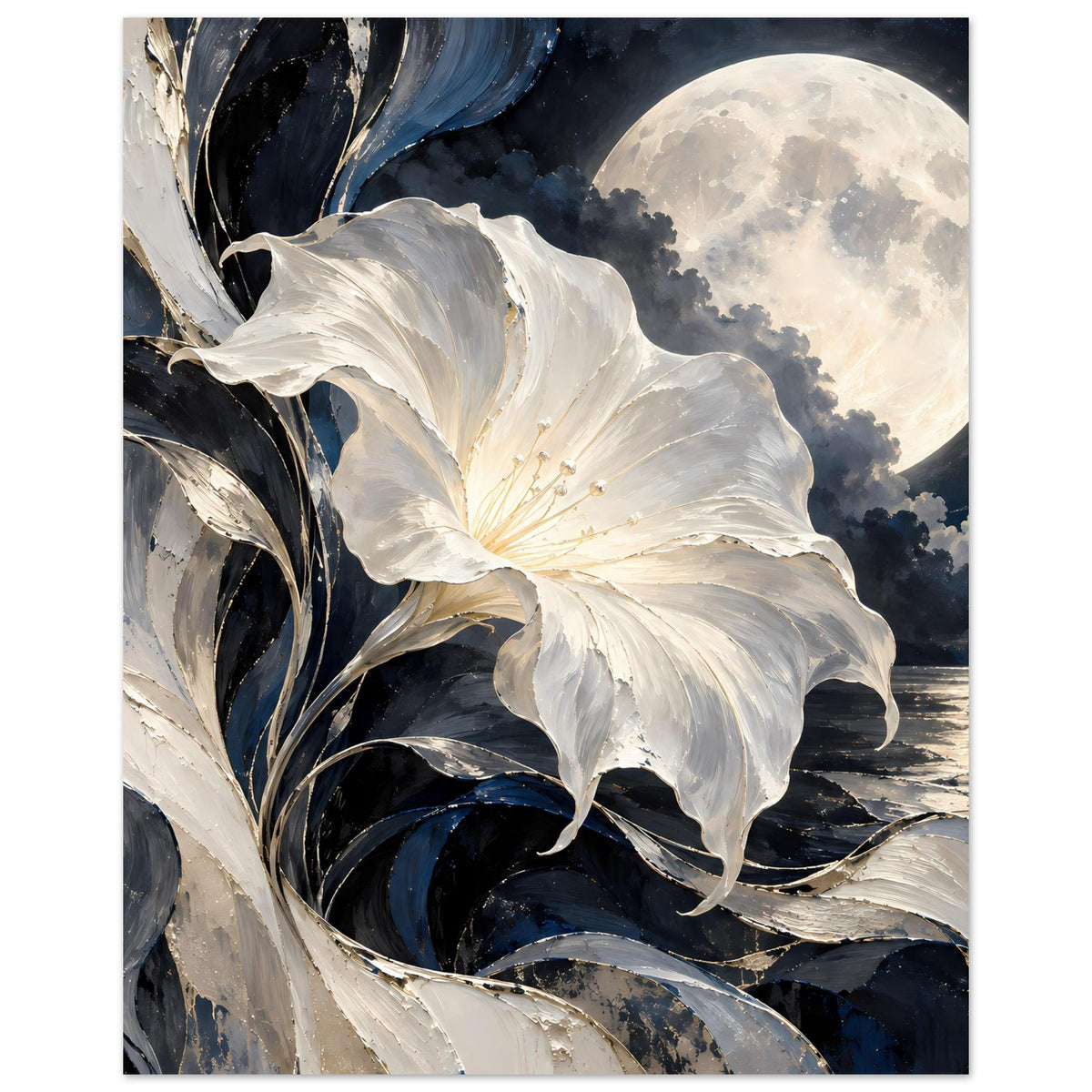 Blumenposter im Querformat: große weiße Blume, Mondsichel, Wolken und blaue Akzente