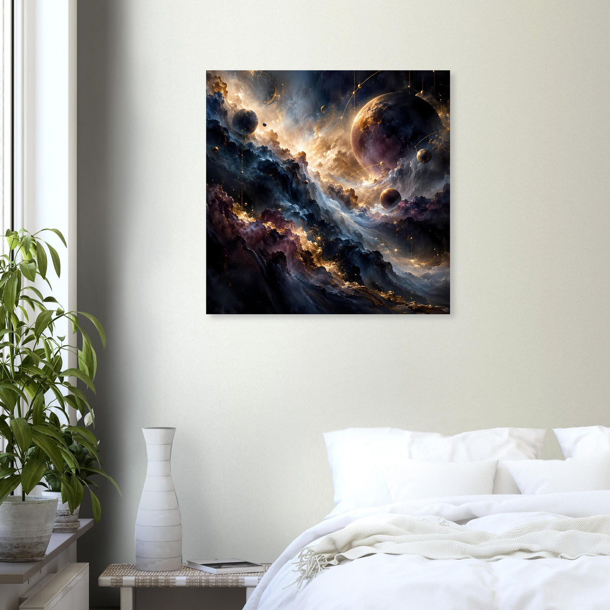 Raumfahrt-Kunstposter mit Galaxie, leuchtender Wolke und dunklen Planeten