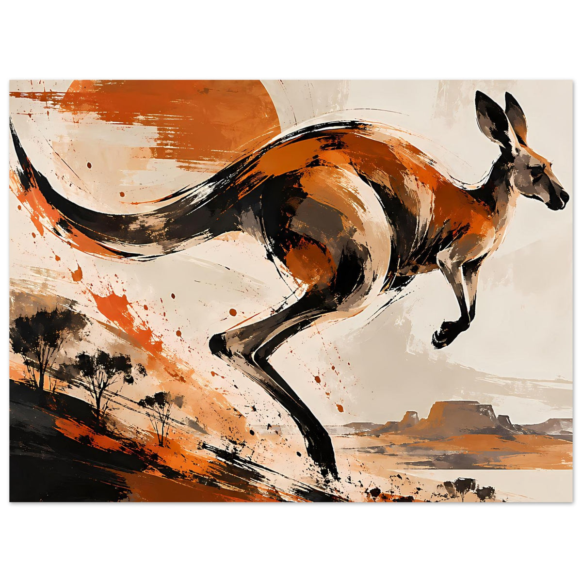 Känguru-Tierposter im Querformat mit orange-braunen Spritzern und schwarzer Kontur