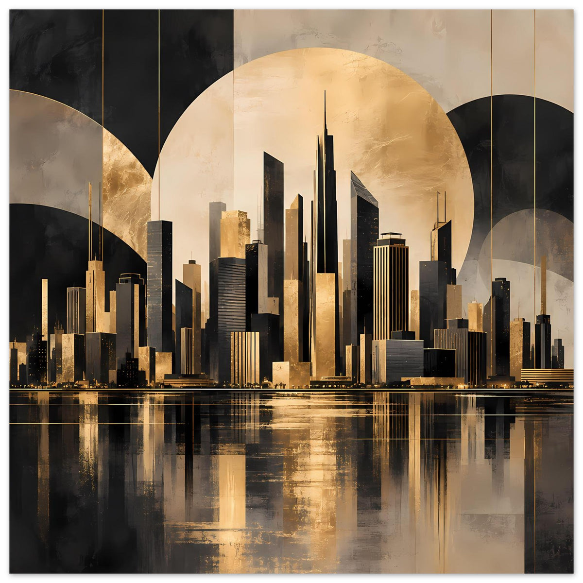 Stadtposter mit goldener Skyline, schwarzem Hintergrund und Spiegelung im Wasser, rundem Mondmotiv