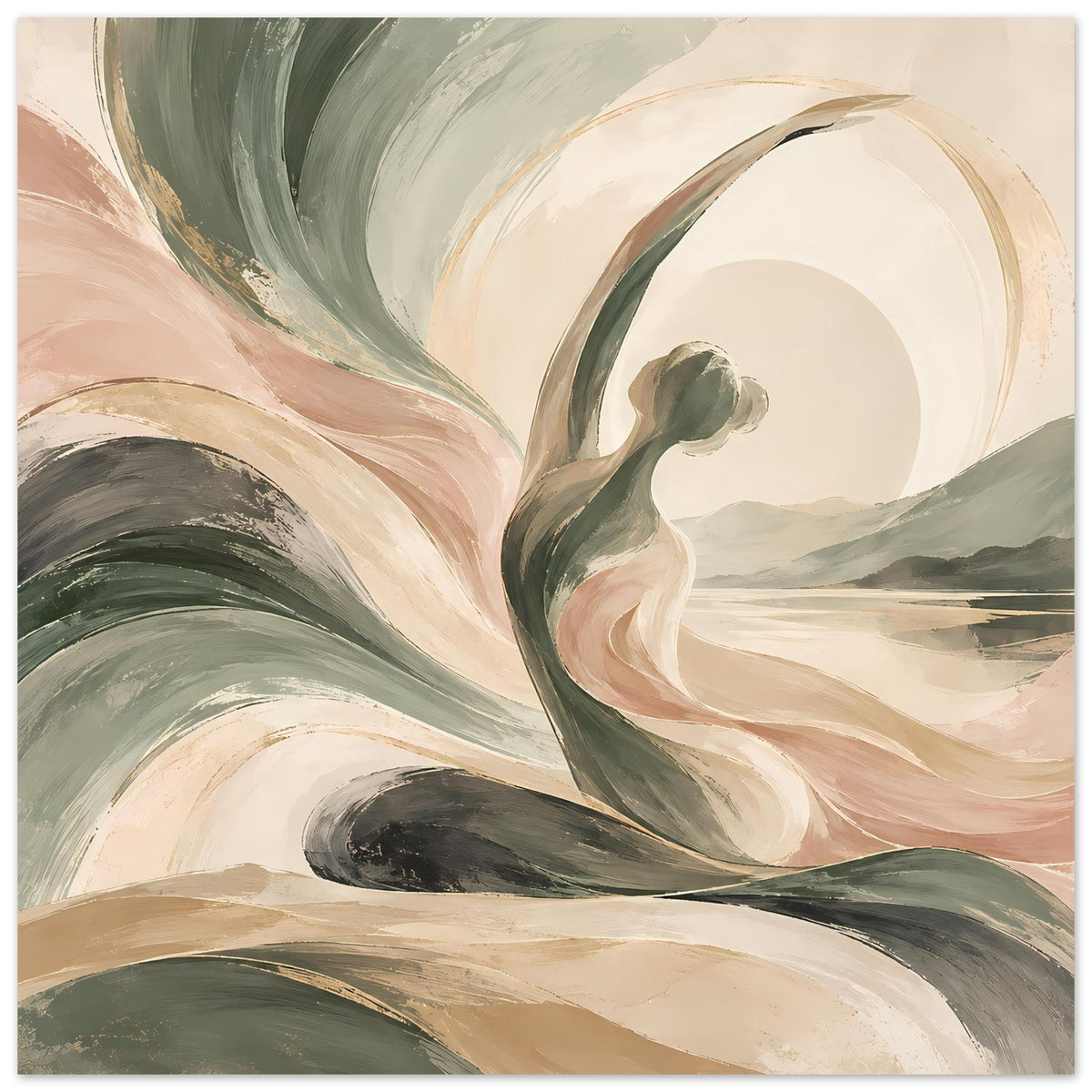 Abstraktes Kunstposter mit wellenartigen Pinselstrichen und großer Kreisfläche in Pastelltönen.