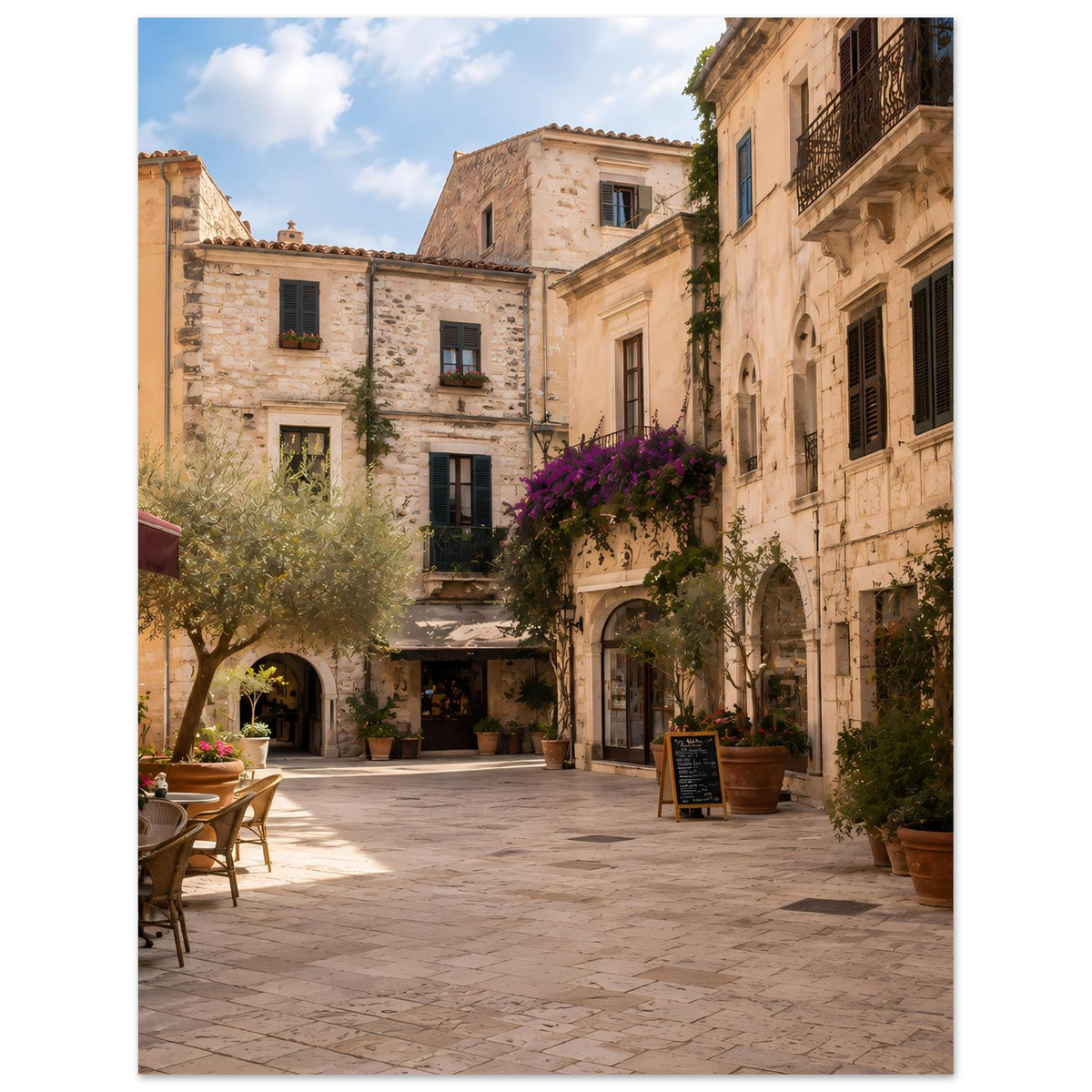 Hochformat-Poster: mediterrane Straße zwischen Steinfassaden mit Pflanzen und Sitzbank