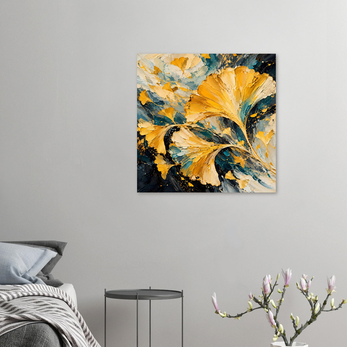 Kleines Ginkgo-Blatt-Poster im Quadratformat: goldene Blätter über Blaugrün und Schwarz