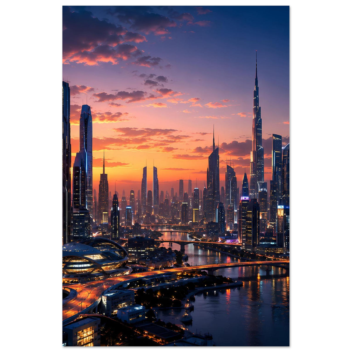 Poster im Hochformat mit Stadt-Skyline bei Sonnenuntergang, Flussufer und beleuchtete Gebäude.