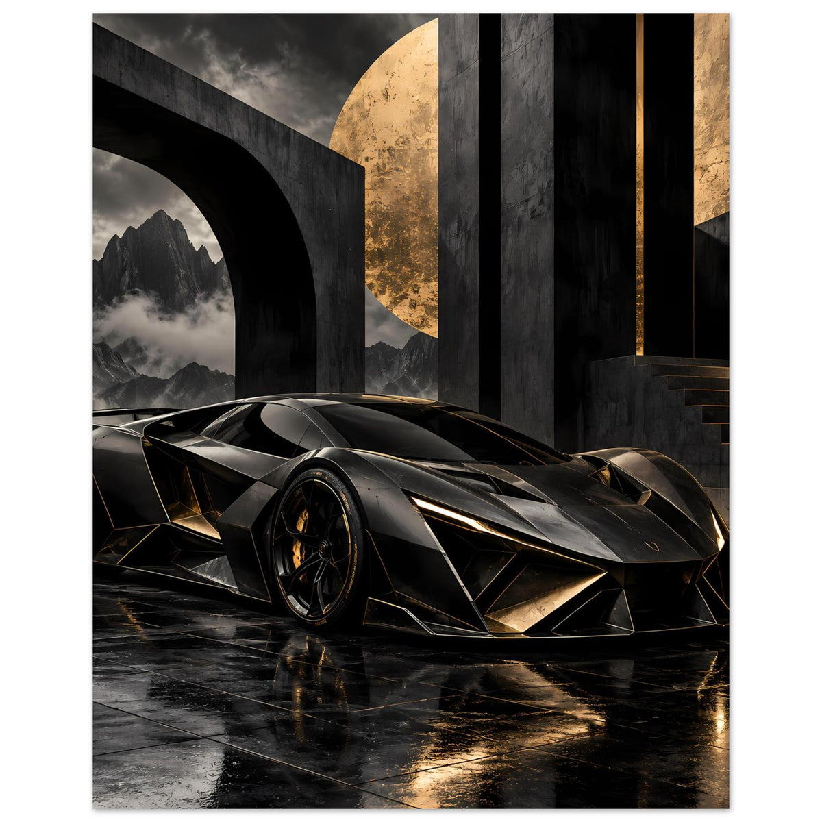 Autoposter mit futuristischem Supersportwagen in Schwarz und Gold, dreiviertel Front