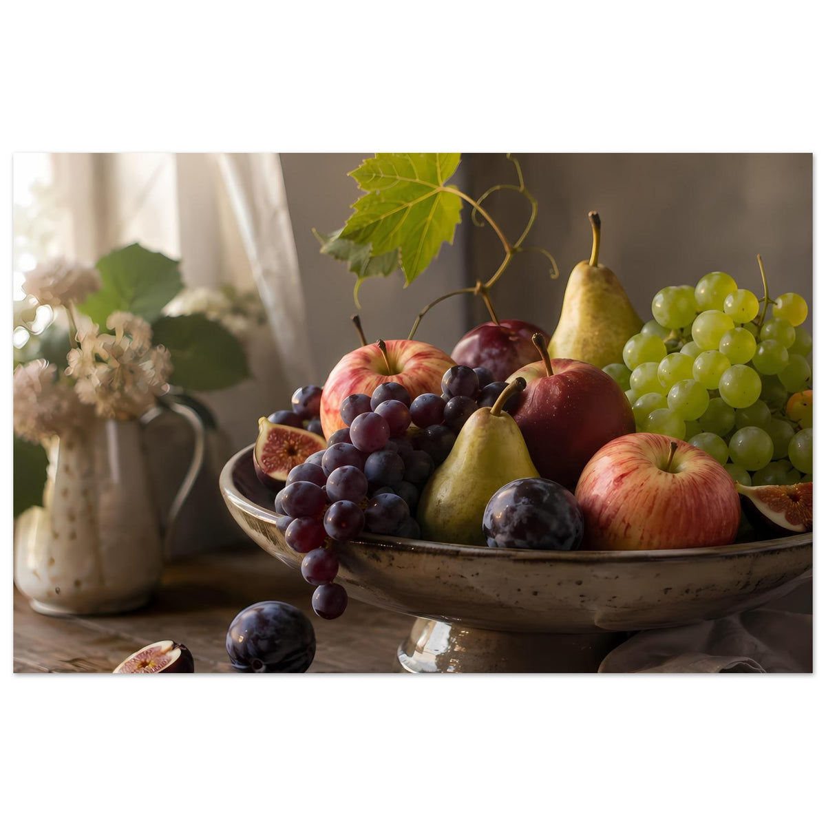 Querformat-Fruchtkorb-Poster: Obstschale mit Trauben, Apfel, Birne und Pflaumen