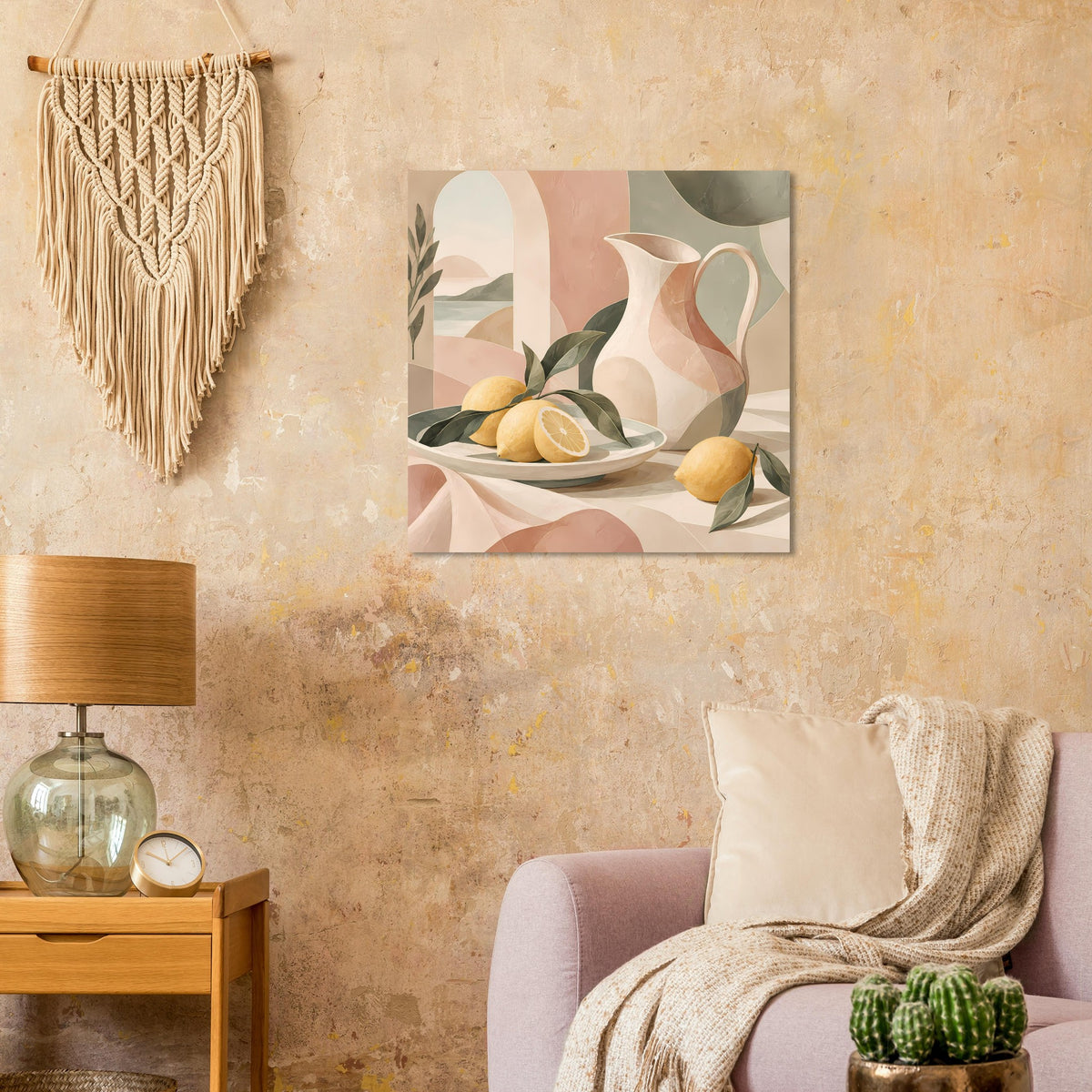 Mediterranes Stillleben-Poster: Schale mit Zitronen und Vase im Soft-Neutral-Look.