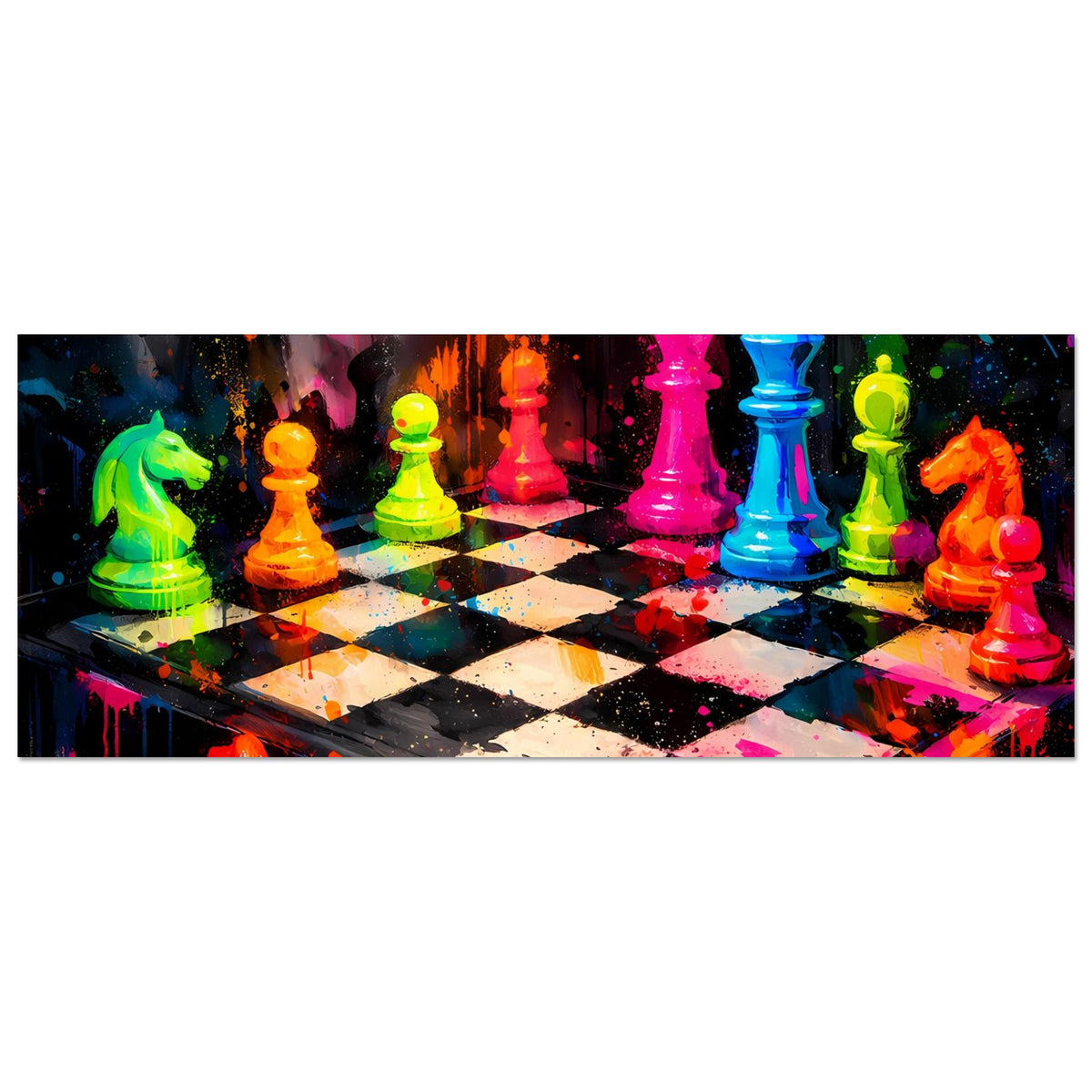 Abstraktes Schachspiel-Poster im Querformat: bunte Neon-Schachfiguren auf Schachbrett