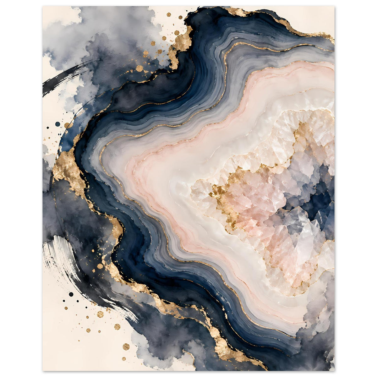 Abstraktes Geoden-Poster mit Rosé, Blau und goldenen Akzenten