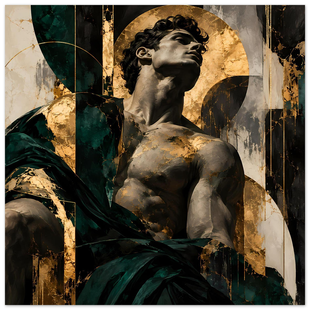 Kunstposter mit Statue und großem goldenen Kreis, dunkles Grün, Goldspritzer und Pinselstriche
