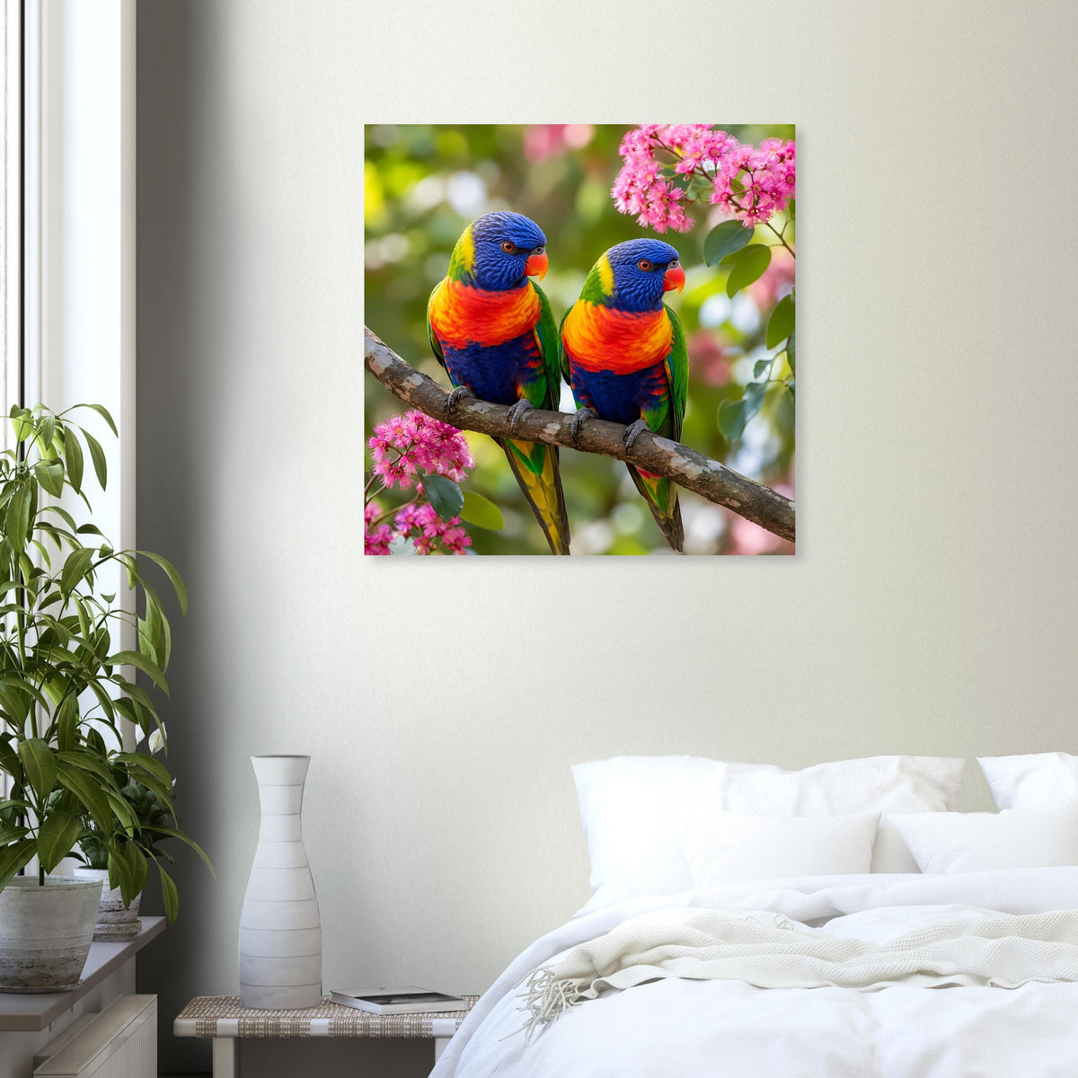 Poster im Hochformat mit zwei Regenbogenloriquets auf Ast und rosa Blüten.