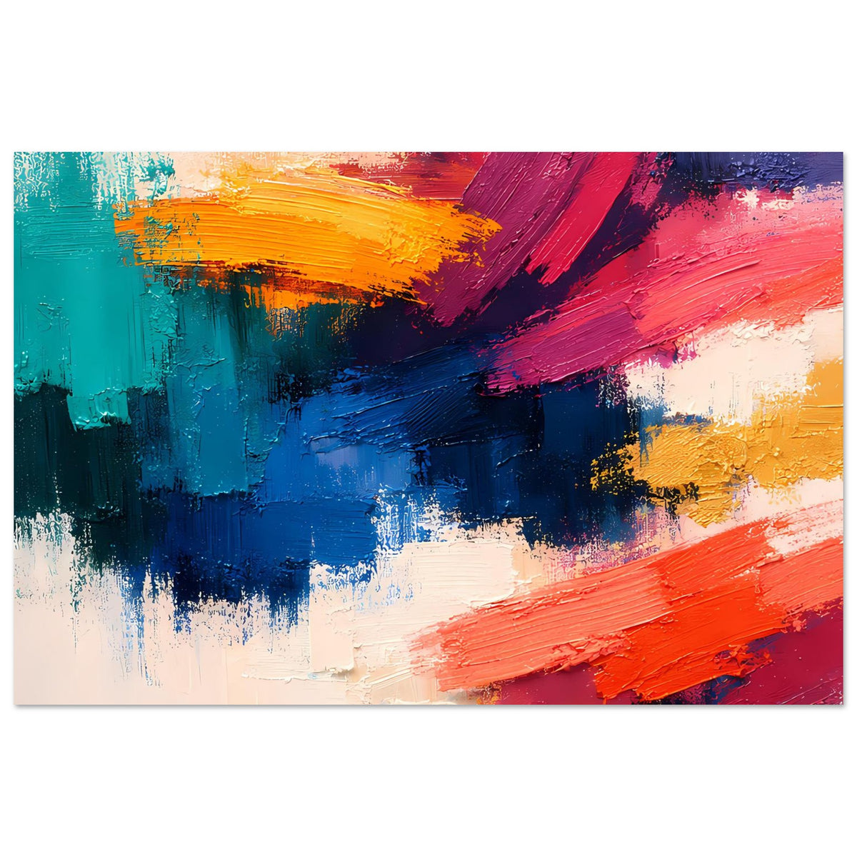 Abstraktes Kunstdruck-Poster, horizontal: farbintensive Pinselstriche in Blau, Rot und Orange