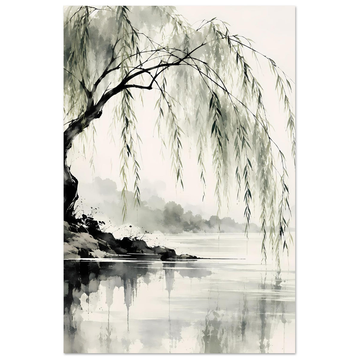 Naturposter im Hochformat: Weidenbaum mit hängenden Zweigen, Wasserfläche und Nebel