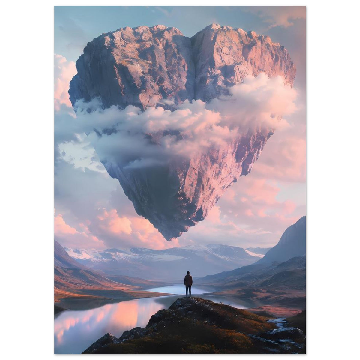 Poster mit schwebendem Felsherz, Spiegelung im Bergsee und Person vorn