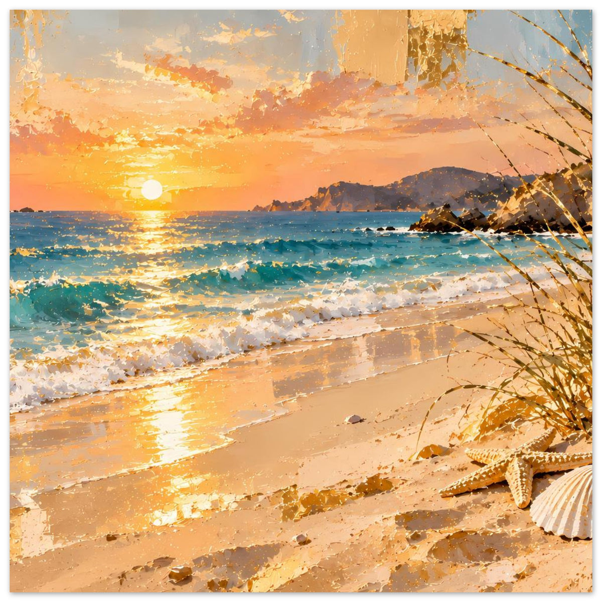 Horizontales Poster mit Meer bei Sonnenuntergang; Wellen, Sandstrand und Muscheldetails