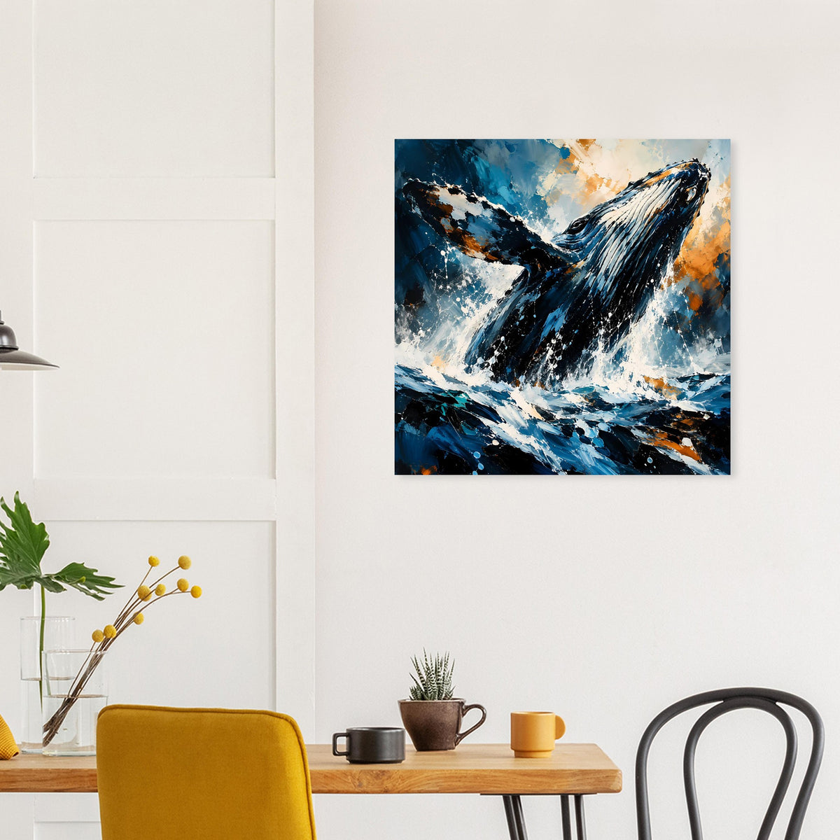 Wal Poster mit abstrakter Wellenoptik, kräftige Blautöne und helle Spritzer