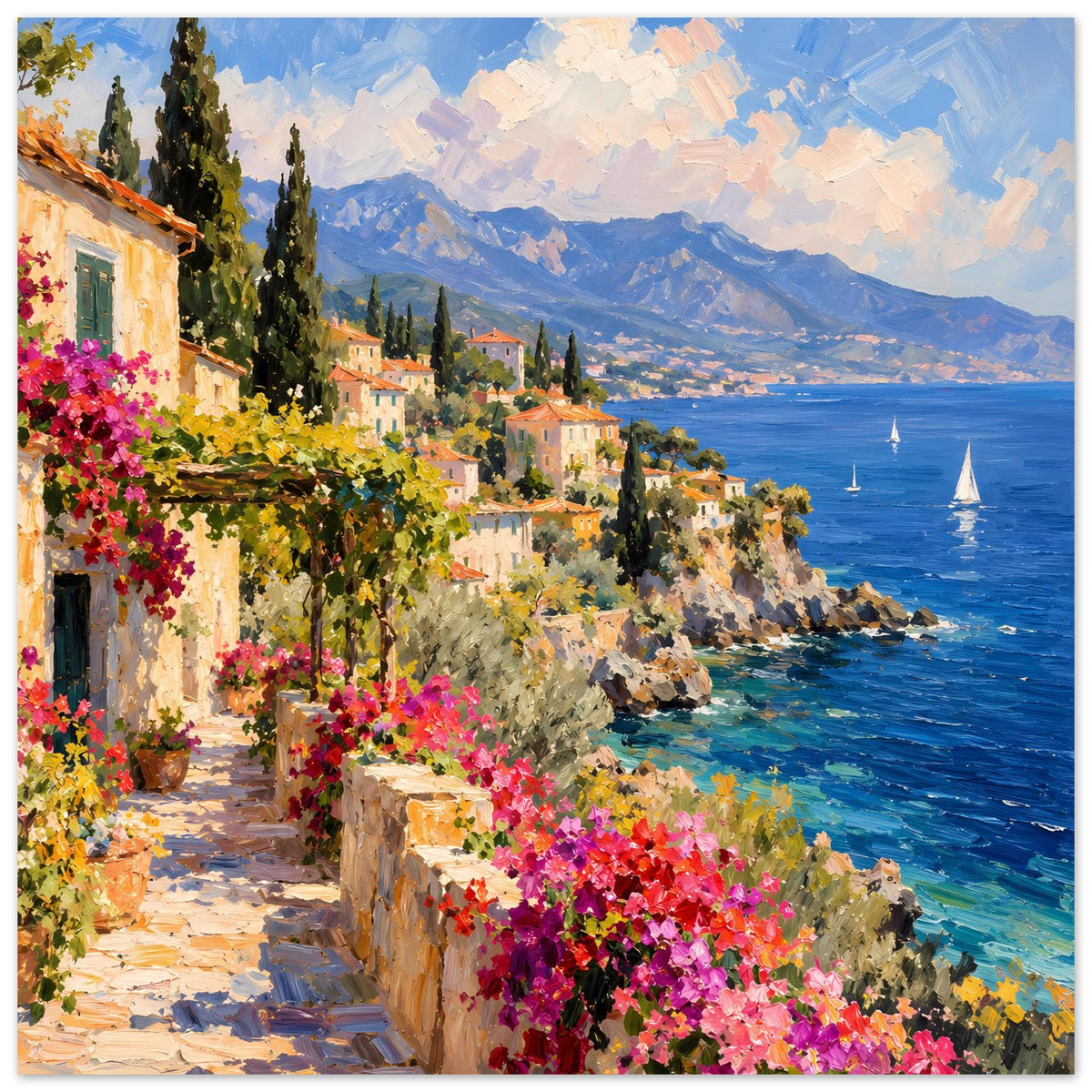 Landschafts-Poster mit Küste, bunten Häusern, pinken Blumen und Segelbooten im Meer