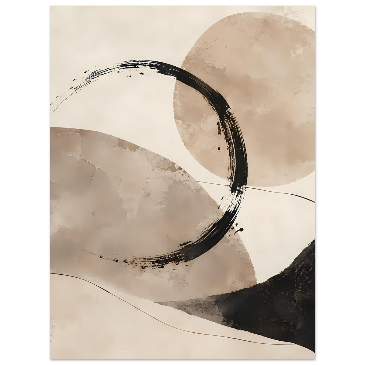 Hochkant-Abstraktes Poster: beige Kreise, schwarze Pinselringe und feine Linien.