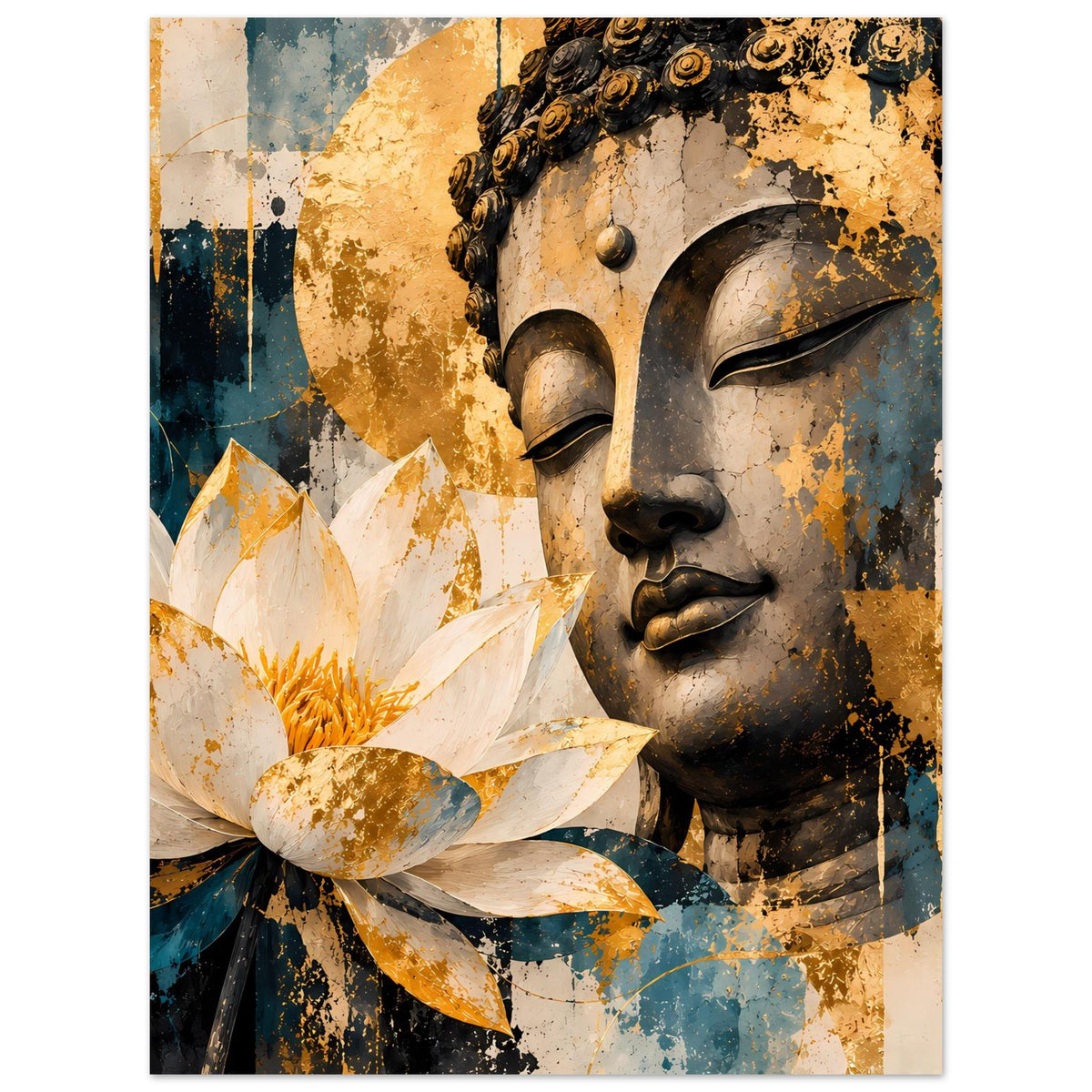 Buddha-Poster mit Lotusblüte im Vordergrund links und Buddha-Gesicht rechts, veredelter Vintage-Look