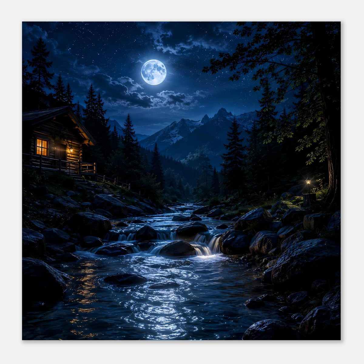 Waldposter mit Fluss und Vollmond, Nachtblau, im weißen Rahmen