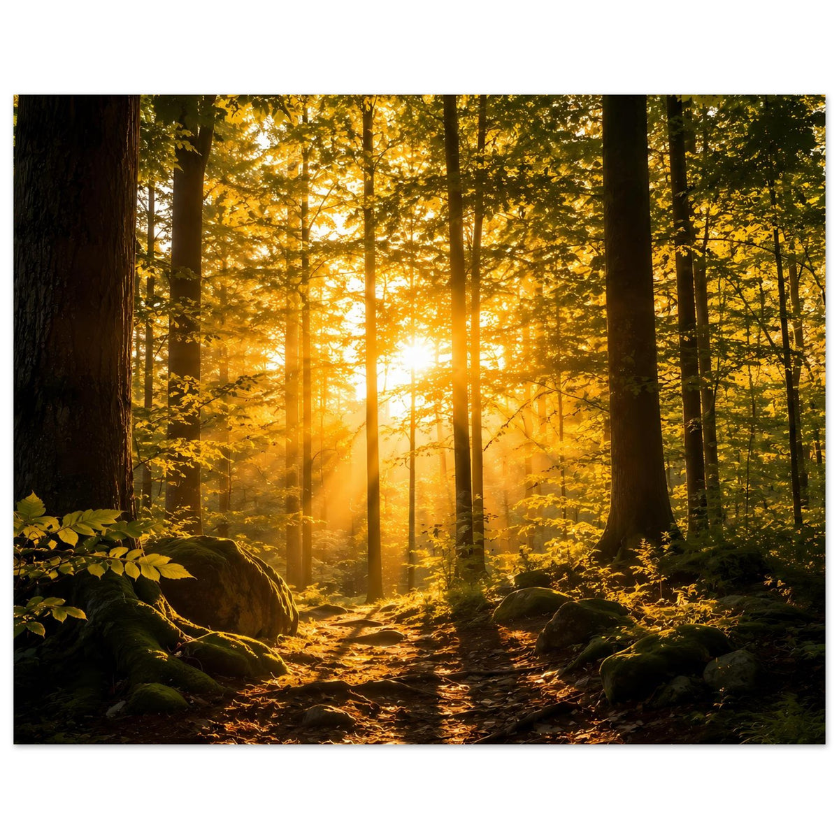 Waldposter mit Pfad im warmen Licht, Lichtkegel zwischen hohen Bäumen und Moos am Boden