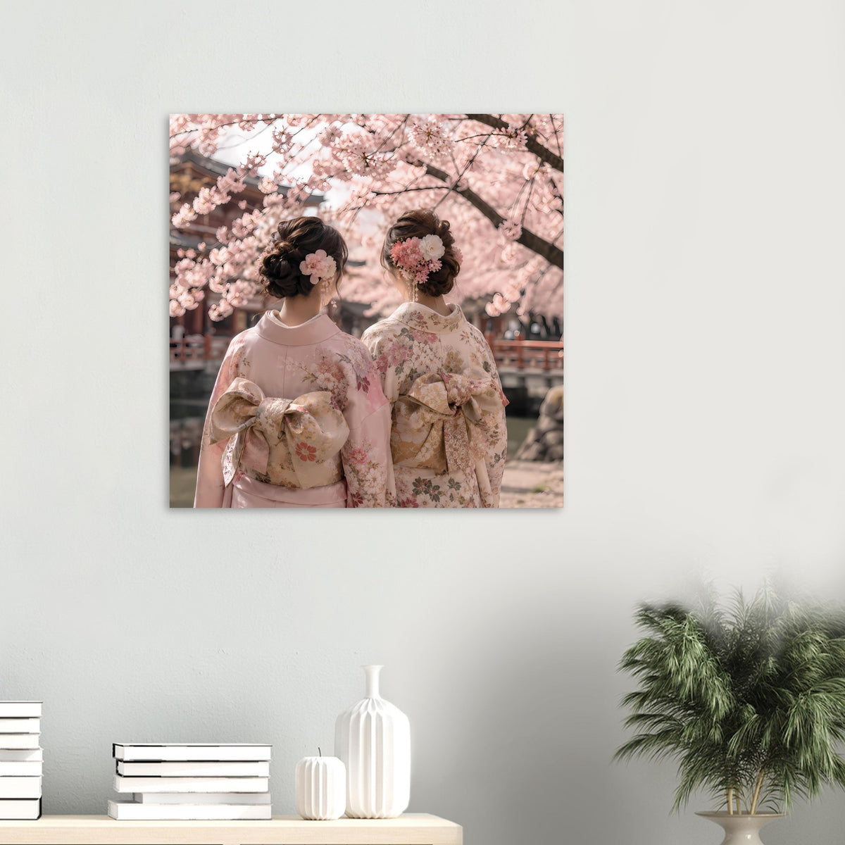Kleines Poster: zwei Personen in Pastell-Kimonos, Kirschblüten in der Bildmitte