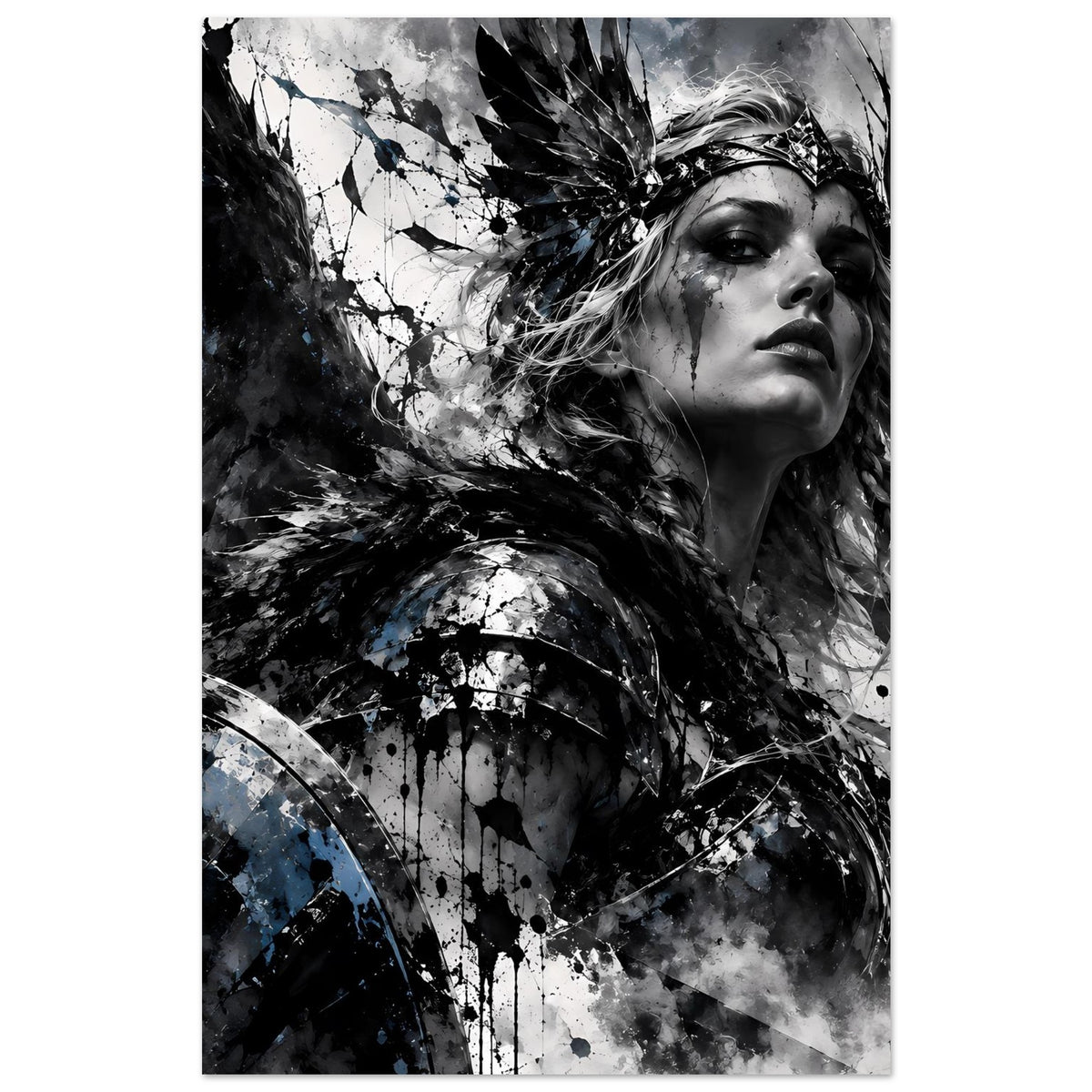 Poster: Wikingerkriegerin in Schwarz-Weiß mit blauen Akzenten, Nahaufnahme von Kopf und Haaren
