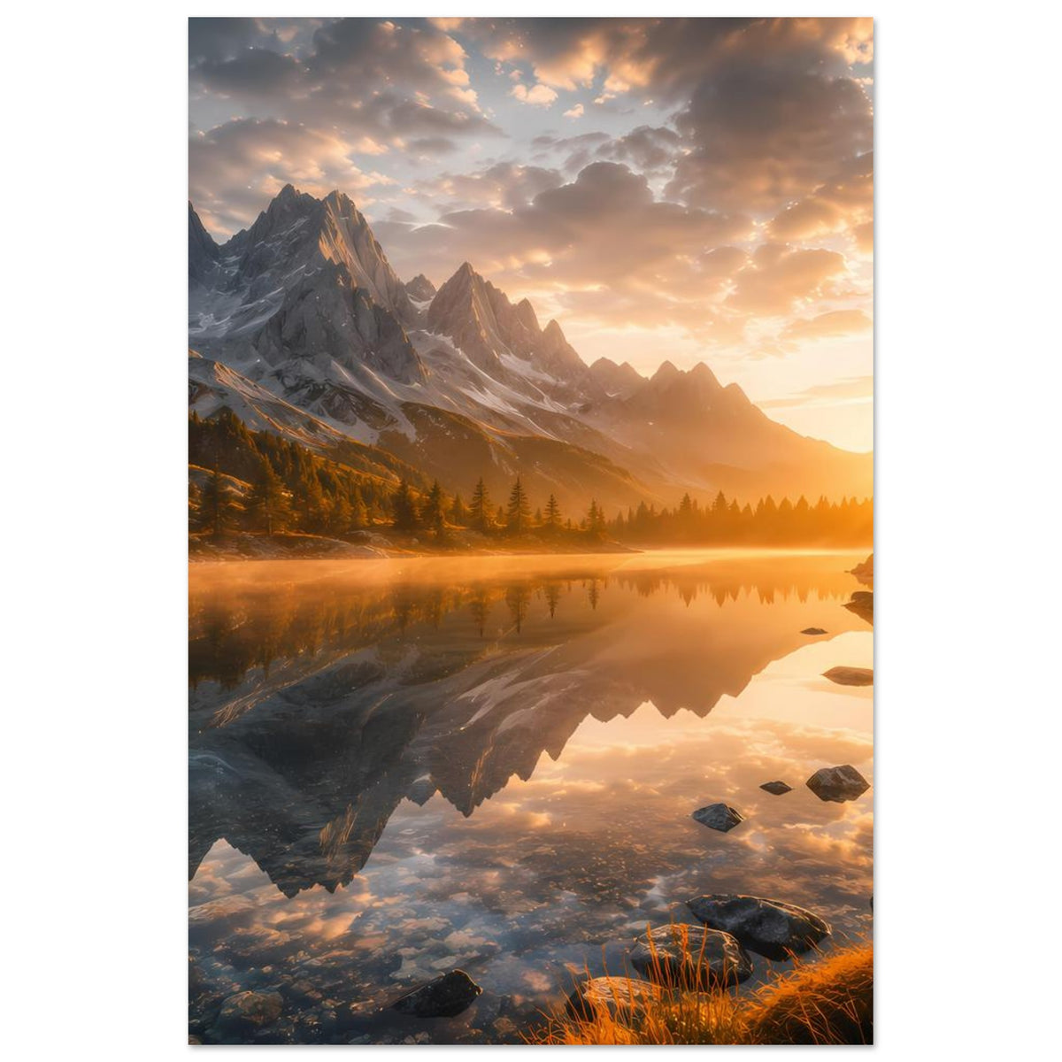 Vertikales Poster mit Bergsee bei Sonnenaufgang, spiegelnde Wasserfläche, Berge und Felsen