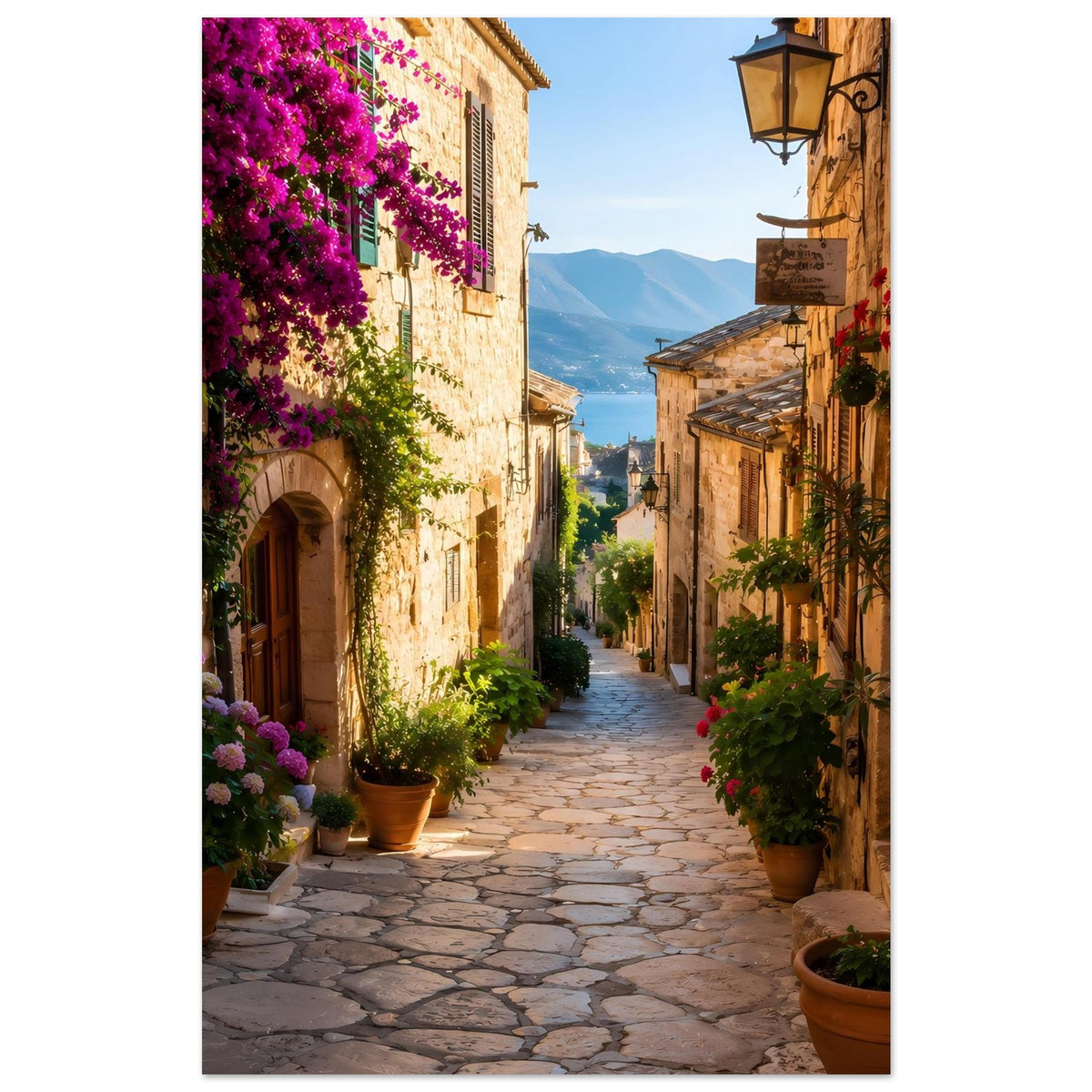Poster: schmale Altstadtgasse mit lila Bougainvillea, Töpfen und Laterne
