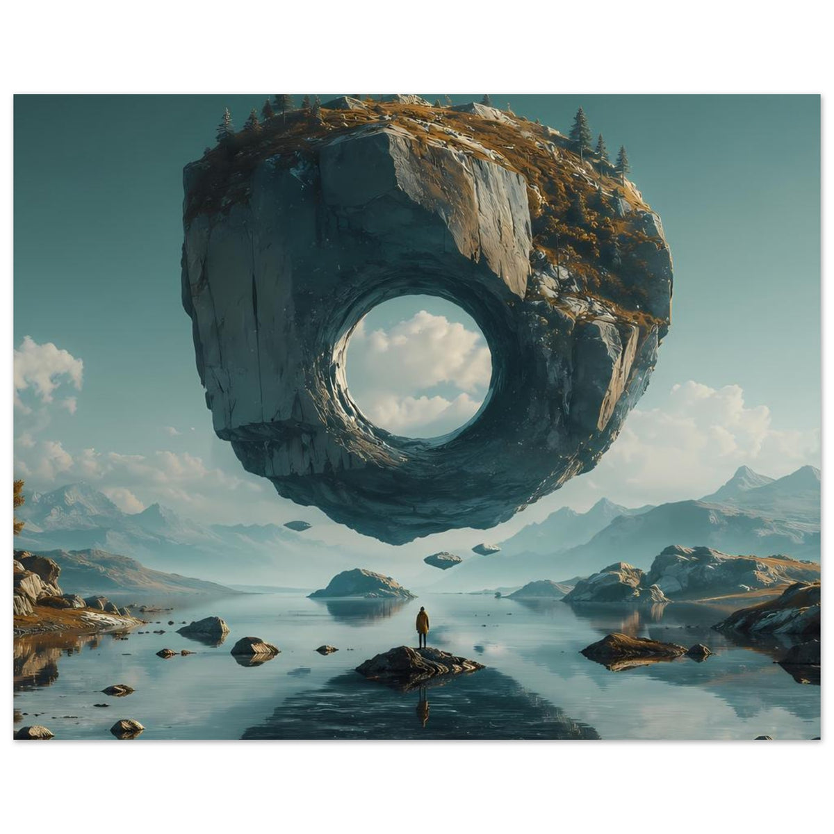 Surreales Poster im größeren Bildausschnitt: schwebender Felsring mit Loch