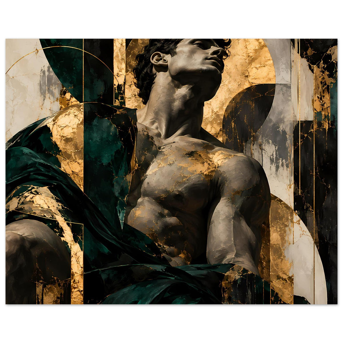 Kunstposter mit barocker Statue, dunkelgrünem Tuch, goldener Beleuchtung im Hintergrund