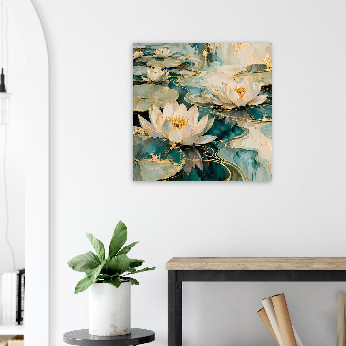 Quadratisches Lotusblüten-Wandposter mit goldenen Linien und blauem Farbverlauf