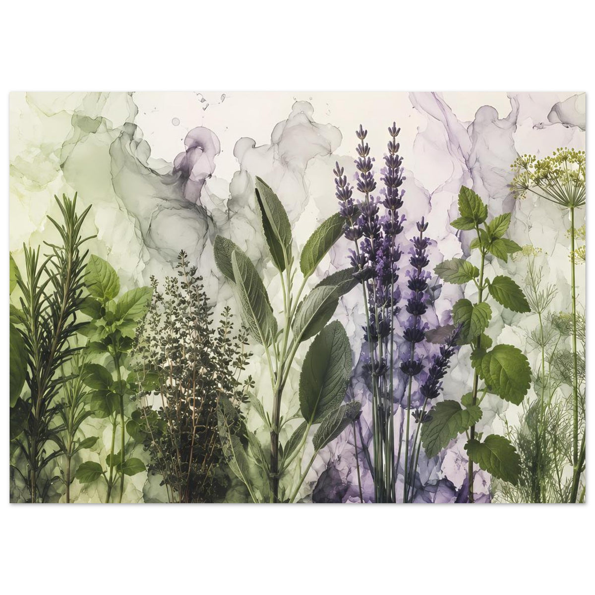 Botanisches Poster mit Lavendelähren, grünen Blättern und zarten Gräsern