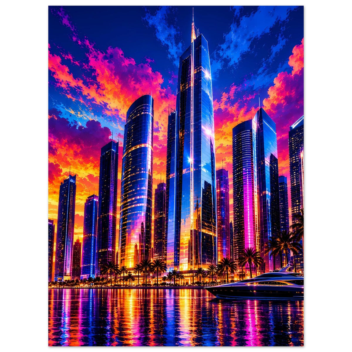 Stadt-Skyline-Poster: farbenfrohe Wolkenkratzer bei Sonnenuntergang, mit Boot im Vordergrund