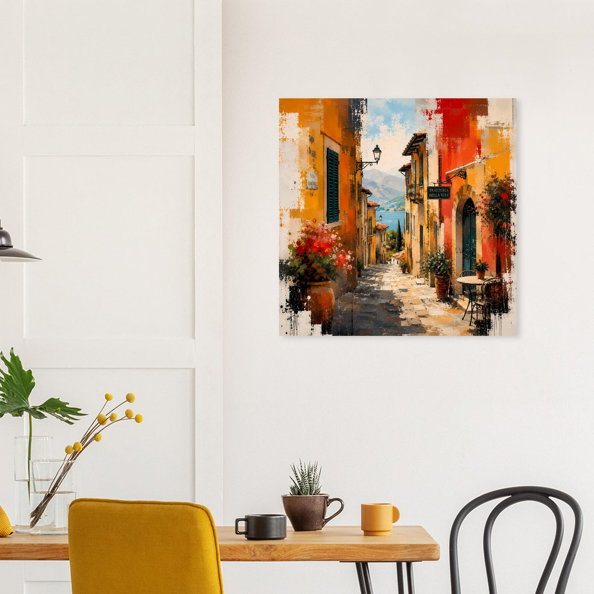 Poster mit mediterraner Straßengasse in warmem Orange-Rot, Himmel mit Blau