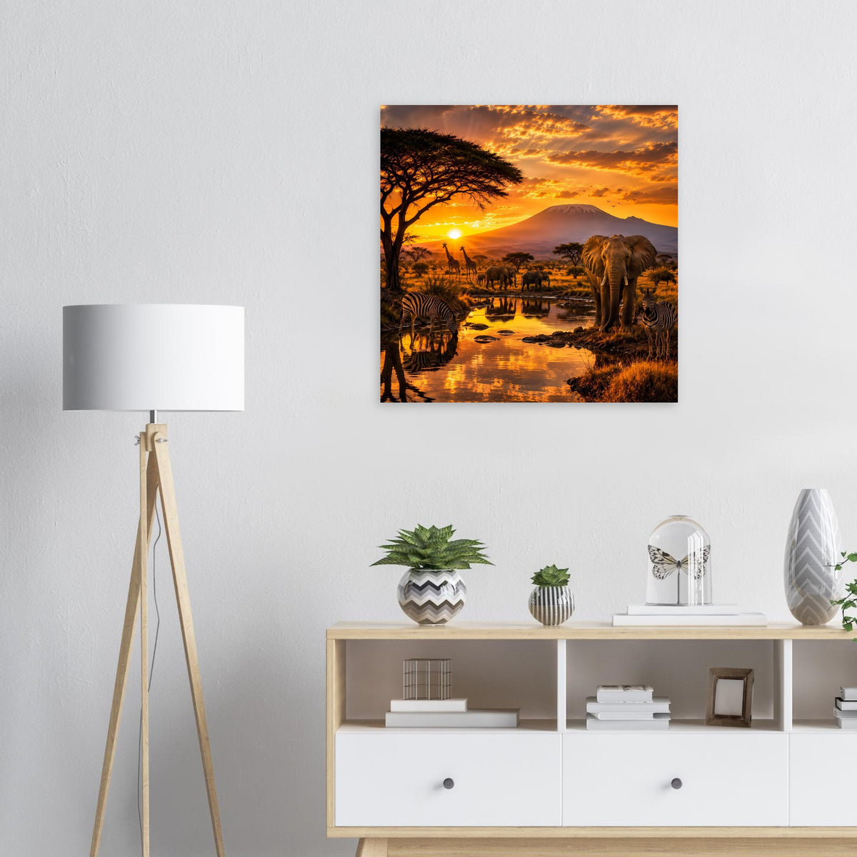 Quadratisches Poster mit afrikanischer Tierwelt in der Savanne bei Sonnenuntergang