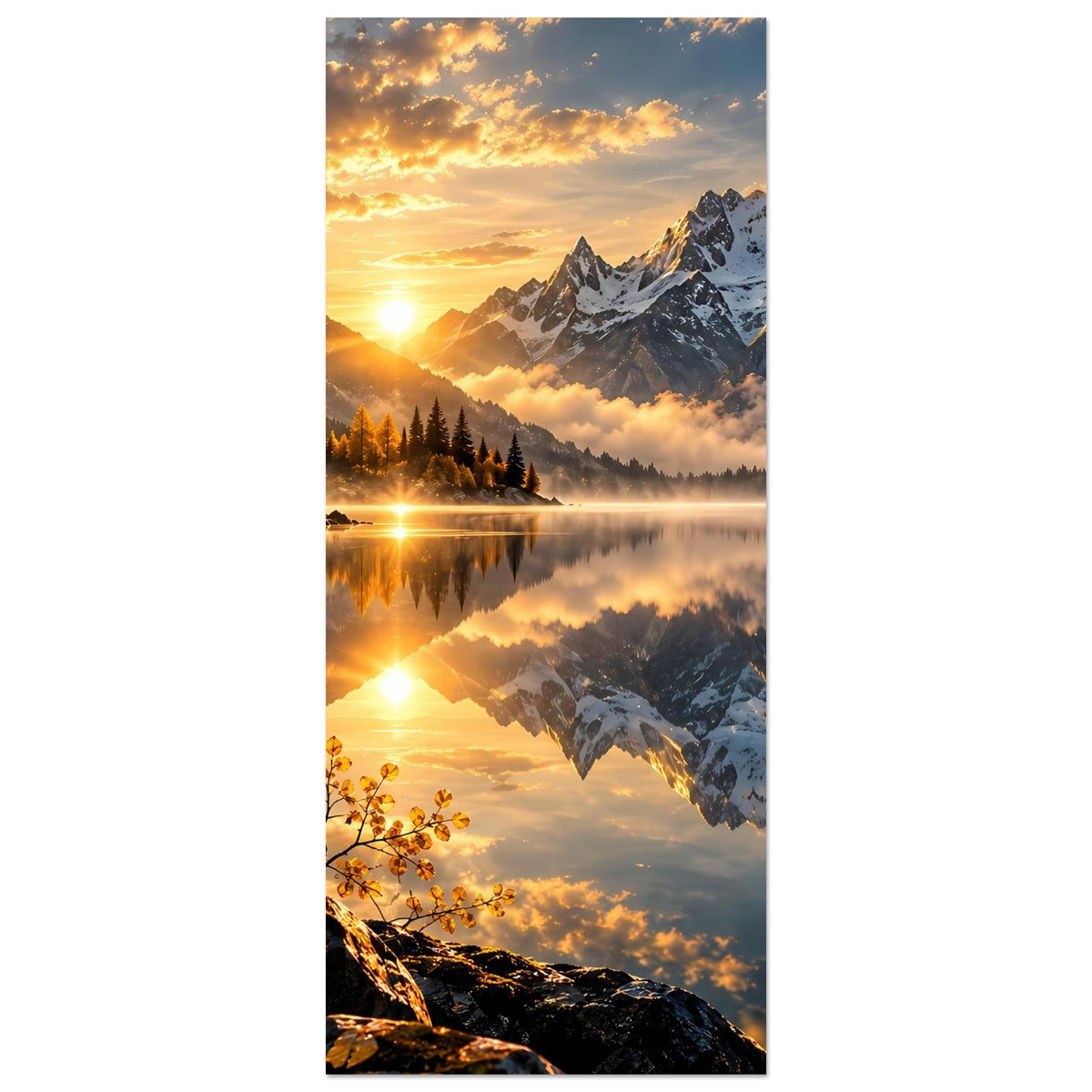 Vertikales Poster mit Sonnenaufgang über Alpen, spiegelnde Gipfel im Bergsee