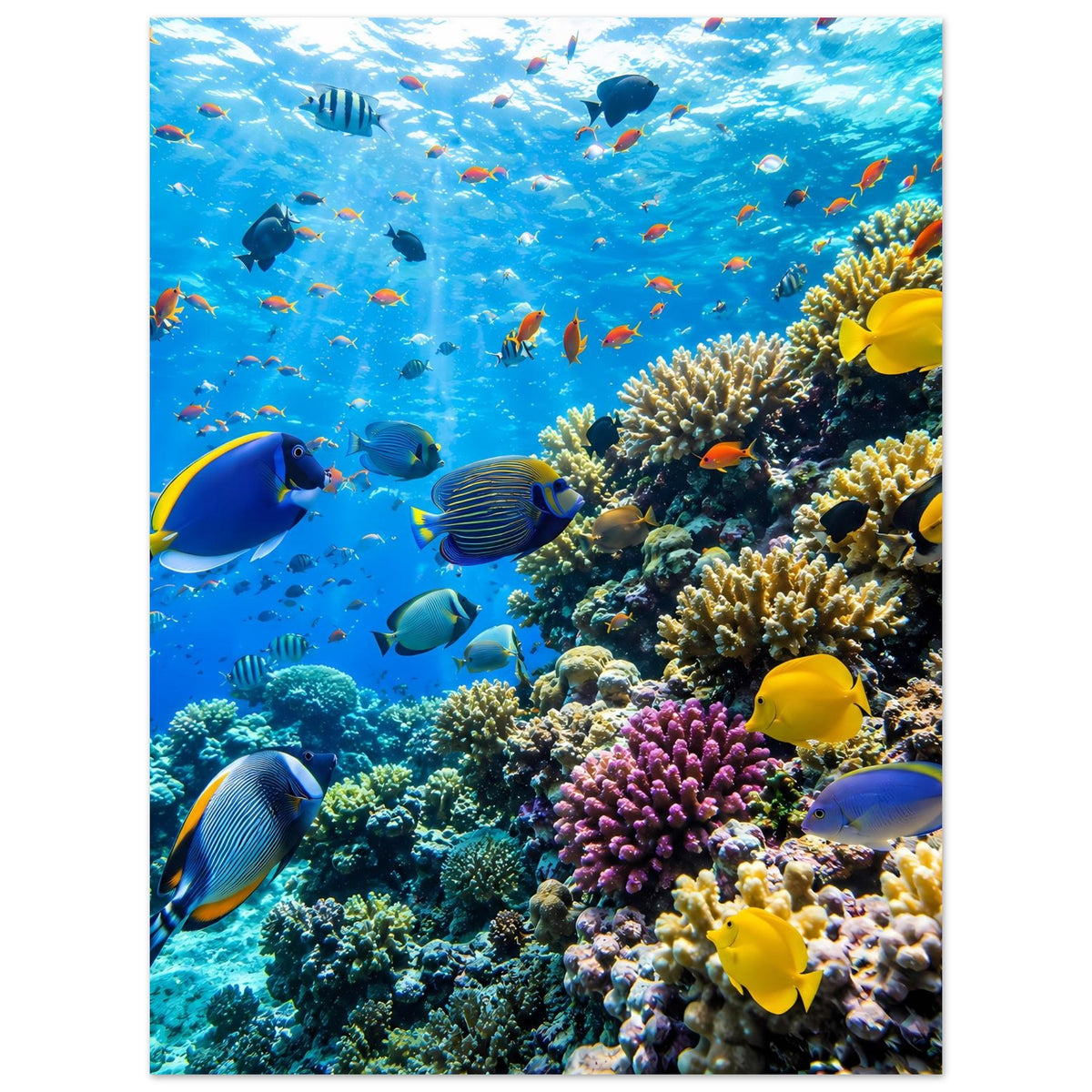 Poster mit Korallenriff und tropischen Fischen, Fokus auf Korallen mit gelben Fischen
