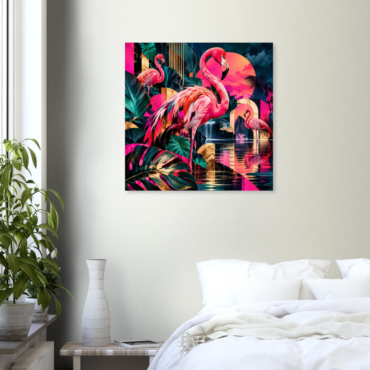 Poster mit pinken Flamingos, türkis-blauem Himmel und bunten Spiegelungen
