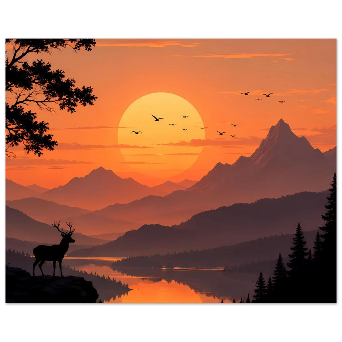 Gerahmtes Poster: Sonnenuntergang über Bergsee mit großer Sonne, Hirsch-Silhouette und Bergen