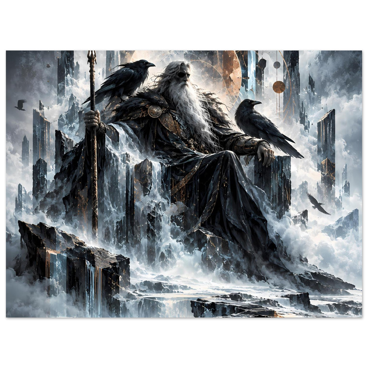 Mythologie-Poster mit nordischem Gott im Porträt-Stil, zwei Raben und Thron im Hintergrund
