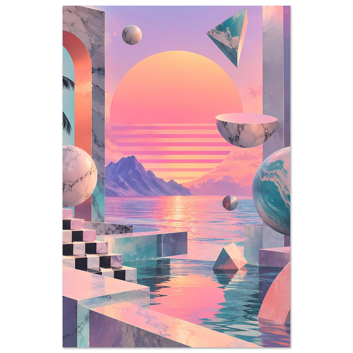 Poster im Hochformat mit Sonnenkreis, Wolkenriffen, geometrischen Blöcken und Planeten