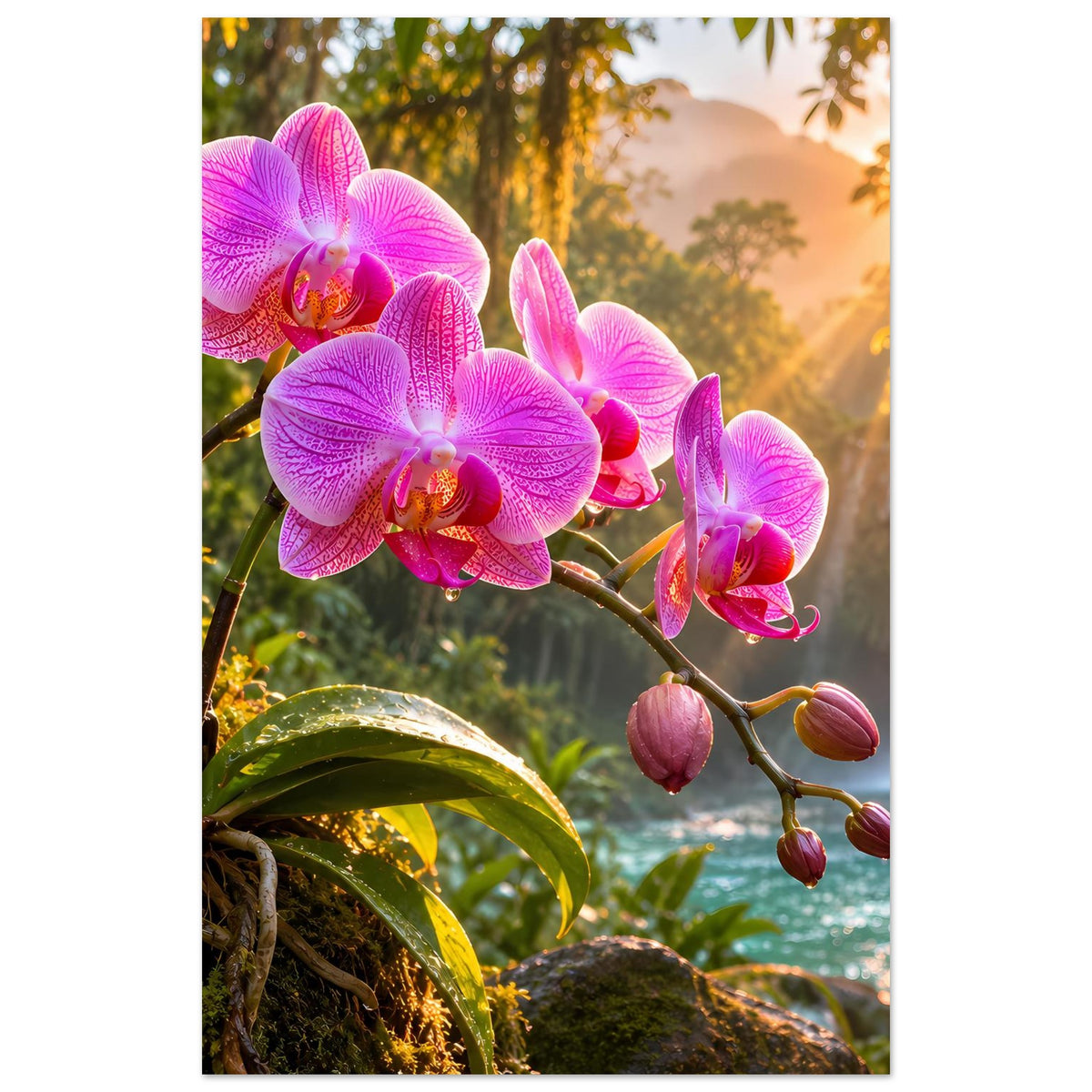Hochformat-Poster mit rosa Orchideenblüten an rankendem Zweig