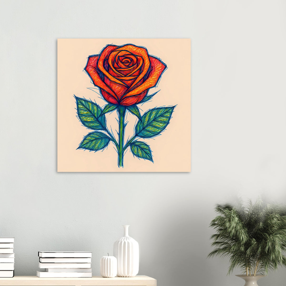 Rosenposter mit orange-roter Skizzenrose und grünen Blättern auf beigem Hintergrund