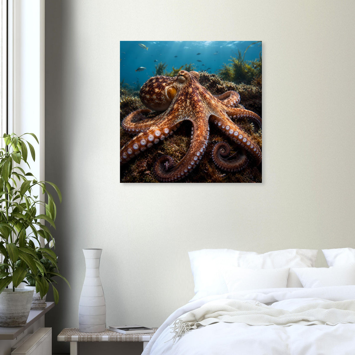 Oktopus-Unterwasserposter mit braunem Oktopus auf blauem Meeresgrund