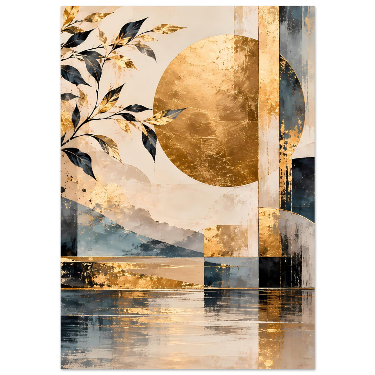 Abstraktes Kunstposter mit goldenen Ornamentflächen, blauem Hügelverlauf und Blattzweigen