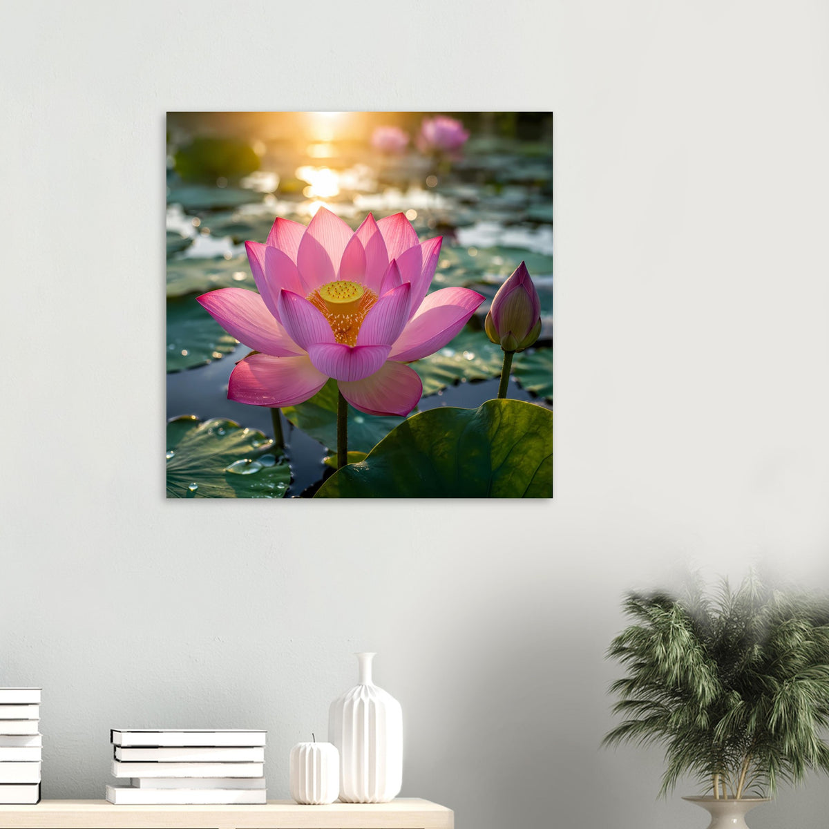 Quadratisches Poster: pinke Lotusblüte auf Seerosenteich im goldenen Licht